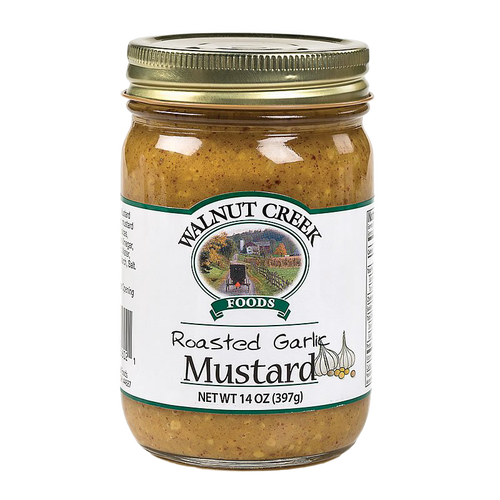 Glass jar of handcrafted roasted garlic mustard with vintage-style label and gold metal lid, made in USA, ideal for Kitchen & Food, Food, Pantry, USA Made, Best Sellers, Promo Eligible collections.