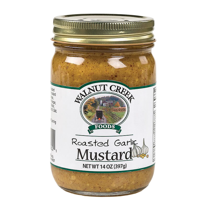 Glass jar of handcrafted roasted garlic mustard with vintage-style label and gold metal lid, made in USA, ideal for Kitchen & Food, Food, Pantry, USA Made, Best Sellers, Promo Eligible collections.
