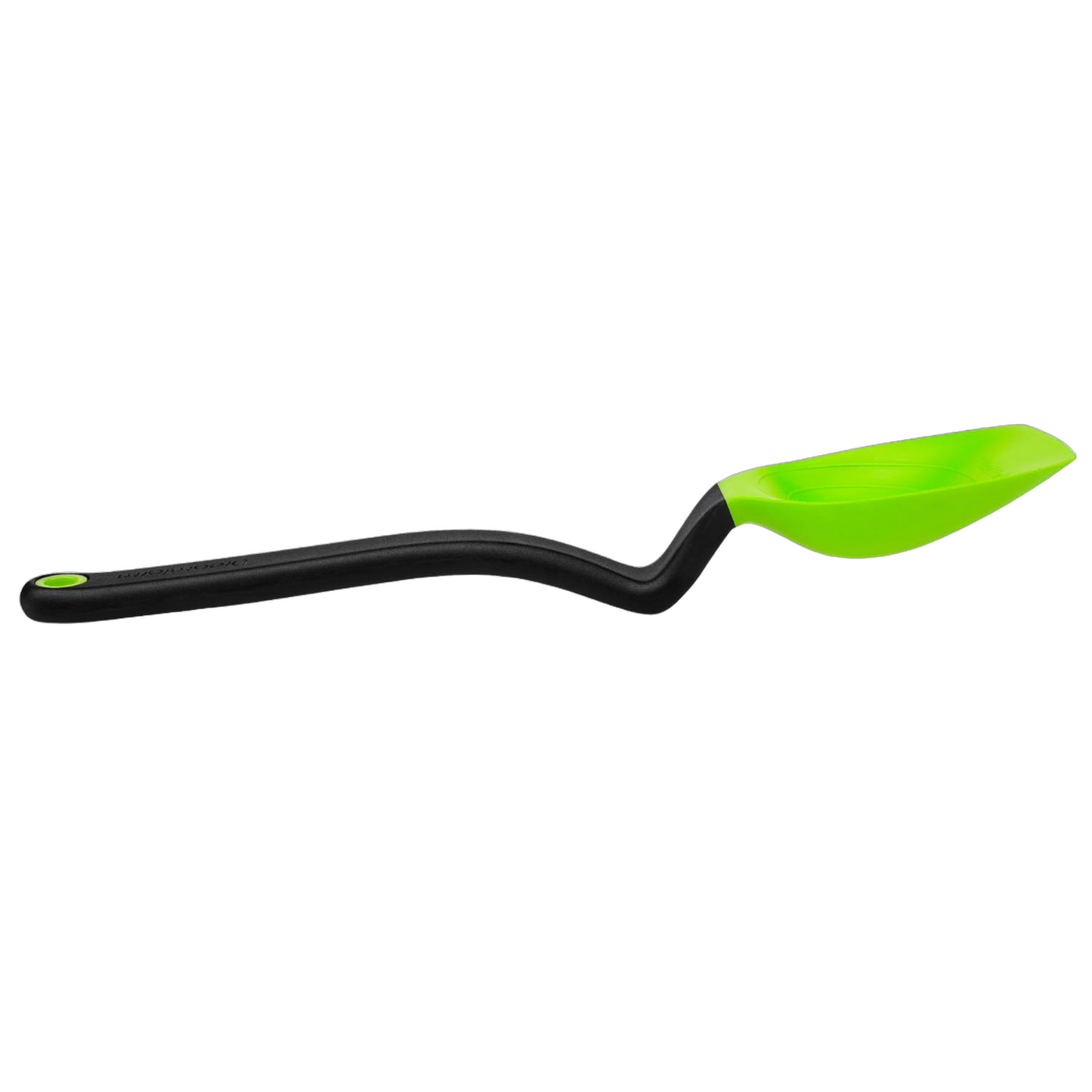 Flexible silicone scraping spoon with a curved black handle and bright green deep scoop, designed for measuring, stirring, scooping, and serving in Kitchen & Food and Food Prep collections.