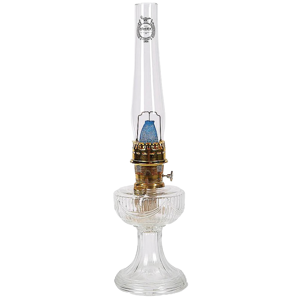Handcrafted clear glass oil lamp with brass burner and tall chimney featuring Lincoln Drape pattern, made in USA, part of Lamps & Lighting, Oil Lamps, Table Lamps, Best Sellers, and Promo Eligible collections.
