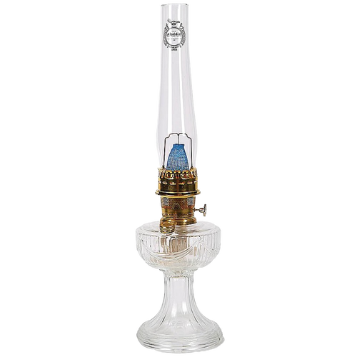 Handcrafted clear glass oil lamp with brass burner and tall chimney featuring Lincoln Drape pattern, made in USA, part of Lamps & Lighting, Oil Lamps, Table Lamps, Best Sellers, and Promo Eligible collections.