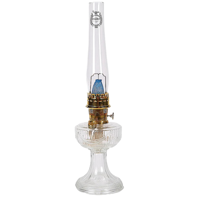 Handcrafted clear glass oil lamp with brass burner and tall chimney featuring Lincoln Drape pattern, made in USA, part of Lamps & Lighting, Oil Lamps, Table Lamps, Best Sellers, and Promo Eligible collections.