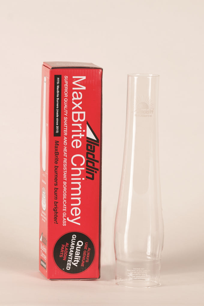 Clear glass chimney for oil lamps with red branded packaging, designed for durability and high heat resistance, suitable for Lamps & Lighting, Chimneys and Globes, and Parts and Accessories collections.