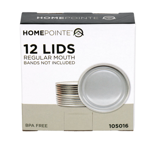 Box of twelve silver-tone regular-mouth canning lids with BPA-free sealing compound, designed for Kitchen & Food, Food Preservation, Canning, and Best Sellers collections.