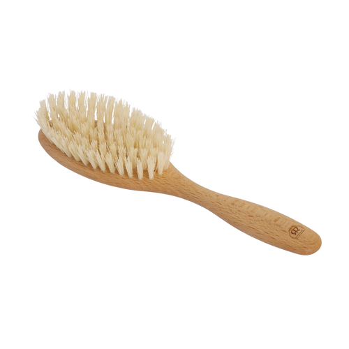 Handcrafted beechwood hairbrush with seven rows of natural Tampico bristles, designed for gentle scalp stimulation, featured in Health & Wellness and Grooming collections.