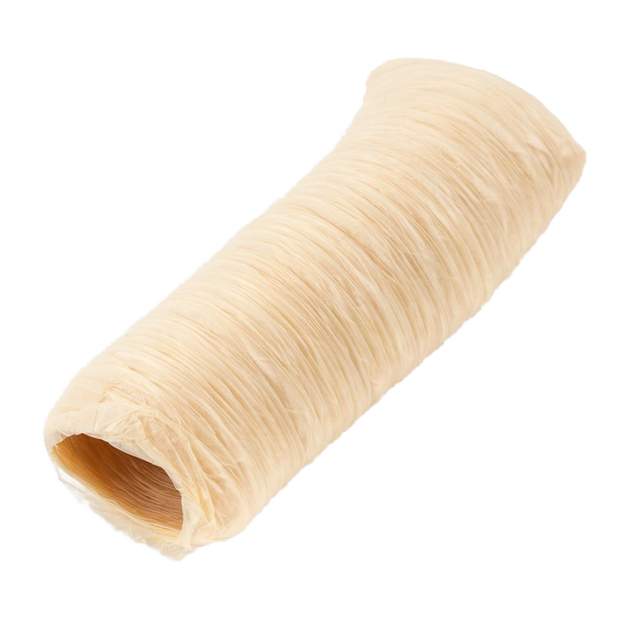 Natural beige processed collagen sausage casings rolled into a bundle, ideal for homemade sausage making, featured in Kitchen & Food, Specialty Equipment, and Butchering Supplies collections.