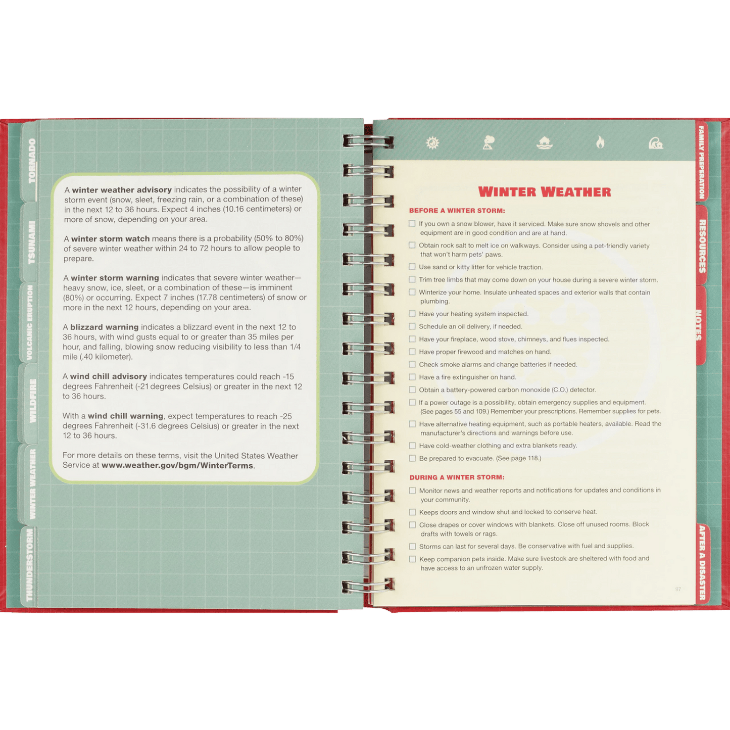 Open spiral-bound logbook page outlining winter weather safety tips and warnings, part of emergency preparedness resources featured in Home and Garden How-To Books and Emergency Supplies collections.