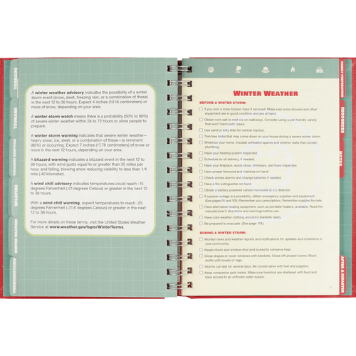 Open spiral-bound logbook page outlining winter weather safety tips and warnings, part of emergency preparedness resources featured in Home and Garden How-To Books and Emergency Supplies collections.