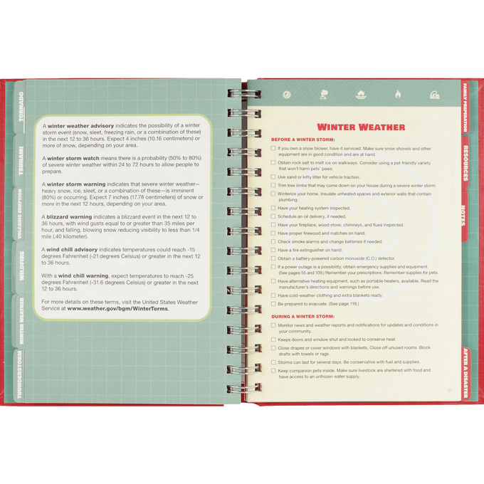 Open spiral-bound logbook page outlining winter weather safety tips and warnings, part of emergency preparedness resources featured in Home and Garden How-To Books and Emergency Supplies collections.