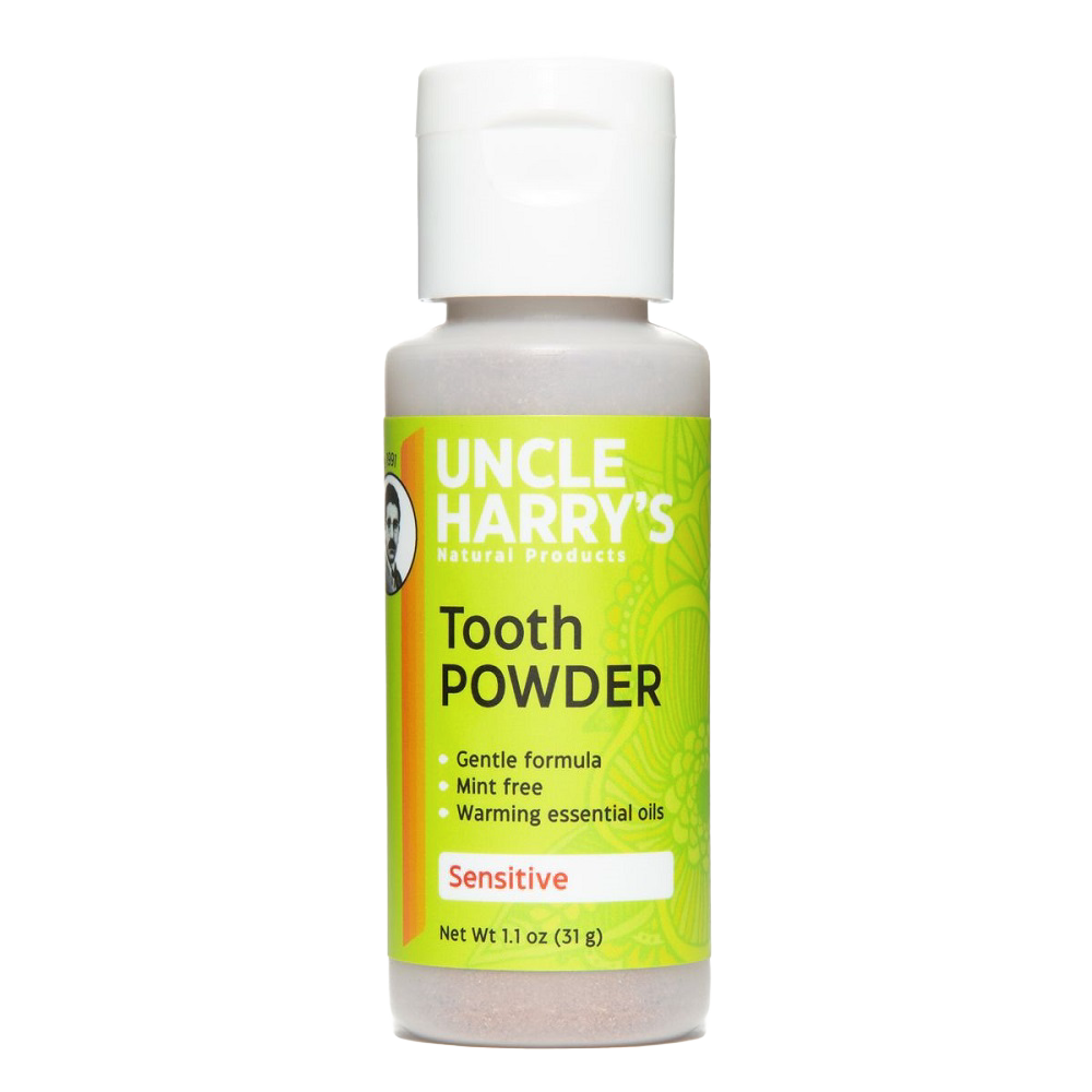 Small plastic bottle of handcrafted tooth powder for sensitive teeth with bright green label listing gentle, mint-free formula and warming essential oils, included in Health & Wellness, Health Remedies, Grooming and Personal Hygiene, USA Made, Best Sellers, and Promo Eligible collections.