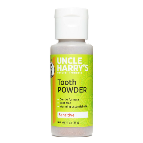 Small plastic bottle of handcrafted tooth powder for sensitive teeth with bright green label listing gentle, mint-free formula and warming essential oils, included in Health & Wellness, Health Remedies, Grooming and Personal Hygiene, USA Made, Best Sellers, and Promo Eligible collections.