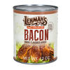Can of Lehman's smoked bacon with heat and serve label, showcasing hand-rolled slices in a rustic design, ideal for Kitchen & Food, Camping, Emergency Supplies, and Farm, Garden & Tool collections.