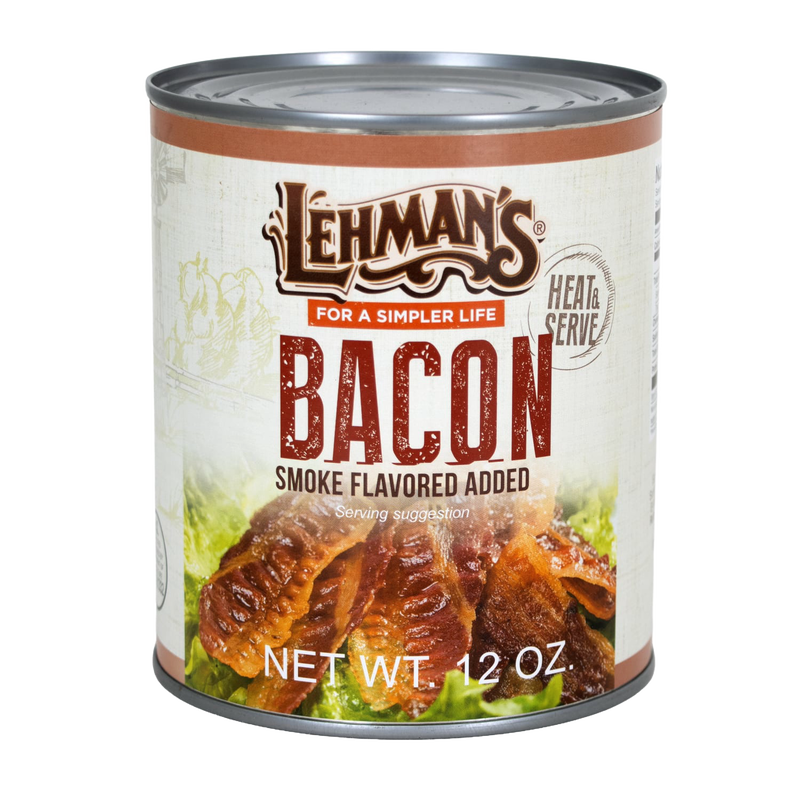 Can of Lehman's smoked bacon with heat and serve label, showcasing hand-rolled slices in a rustic design, ideal for Kitchen & Food, Camping, Emergency Supplies, and Farm, Garden & Tool collections.
