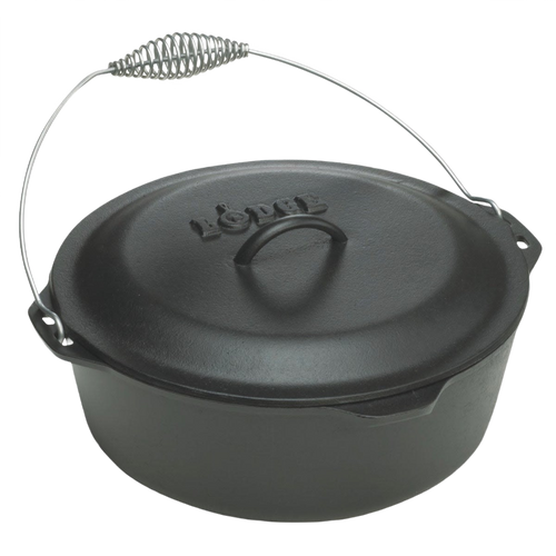 Pre-seasoned cast iron Dutch oven from Kitchen & Food, Cookware, Cast Iron, USA Made, Best Sellers, and Promo Eligible collections, featuring a spiral bail handle and self-basting lid with nubs for even cooking.