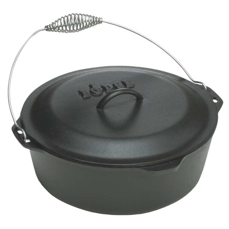 Pre-seasoned cast iron Dutch oven from Kitchen & Food, Cookware, Cast Iron, USA Made, Best Sellers, and Promo Eligible collections, featuring a spiral bail handle and self-basting lid with nubs for even cooking.