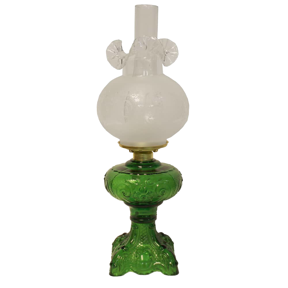 Unique handcrafted green glass oil lamp with intricately sculpted base and ornate 12-inch frosted glass chimney, featuring a heavy brass-plated burner, ideal for Lamps & Lighting, Oil Lamps, Table Lamps, Best Sellers, and Promo Eligible collections.