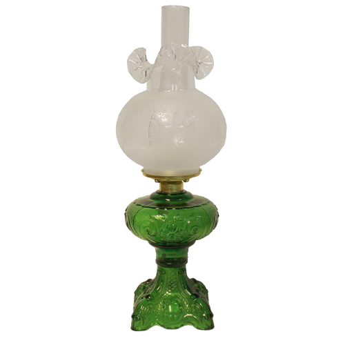Unique handcrafted green glass oil lamp with intricately sculpted base and ornate 12-inch frosted glass chimney, featuring a heavy brass-plated burner, ideal for Lamps & Lighting, Oil Lamps, Table Lamps, Best Sellers, and Promo Eligible collections.