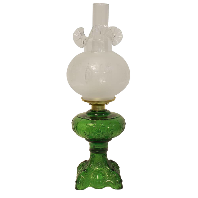 Unique handcrafted green glass oil lamp with intricately sculpted base and ornate 12-inch frosted glass chimney, featuring a heavy brass-plated burner, ideal for Lamps & Lighting, Oil Lamps, Table Lamps, Best Sellers, and Promo Eligible collections.