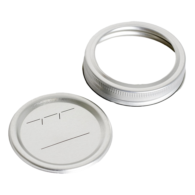 Silver metal regular-mouth canning lid and matching band with BPA-free sealing compound and simple black labeling lines, ideal for Kitchen & Food, Food Preservation, and Canning collections.