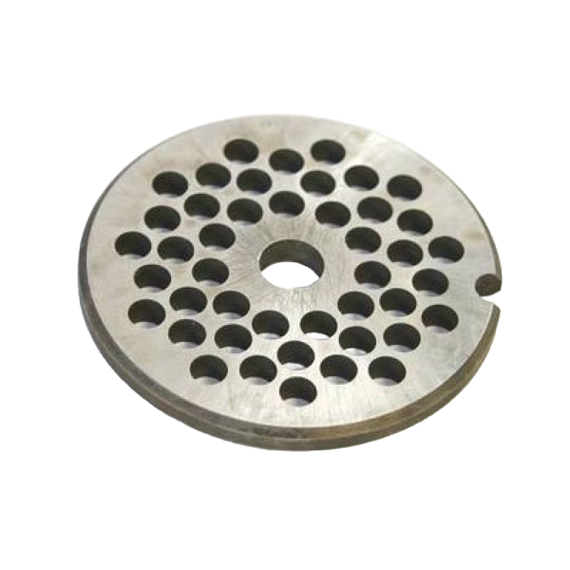 Round handcrafted steel chopper plate with evenly spaced circular holes, made in USA, perfect for Kitchen & Food, Specialty Equipment, Butchering Supplies, Best Sellers, and Promo Eligible collections.