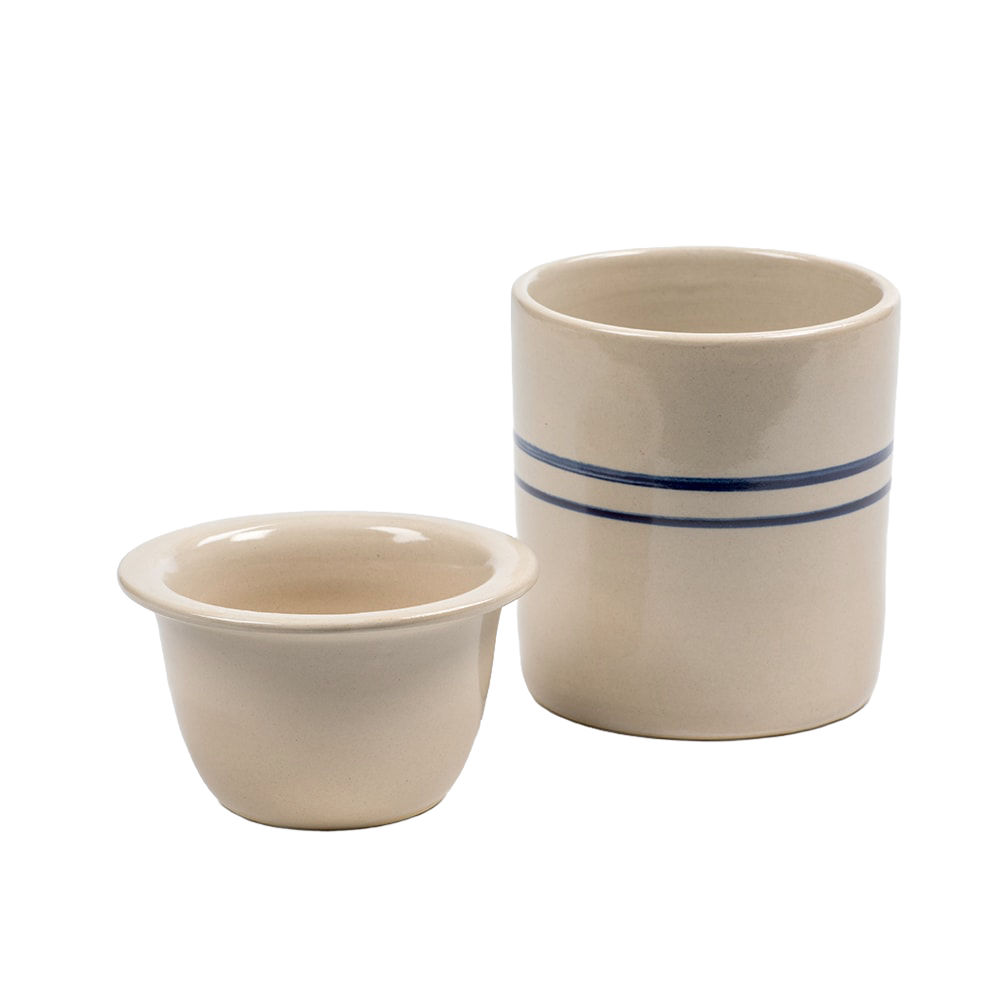Handcrafted stoneware cooling dish with a timeless double blue stripe design, made in USA, ideal for keeping dips cold in kitchen, home decor, and serving collections.