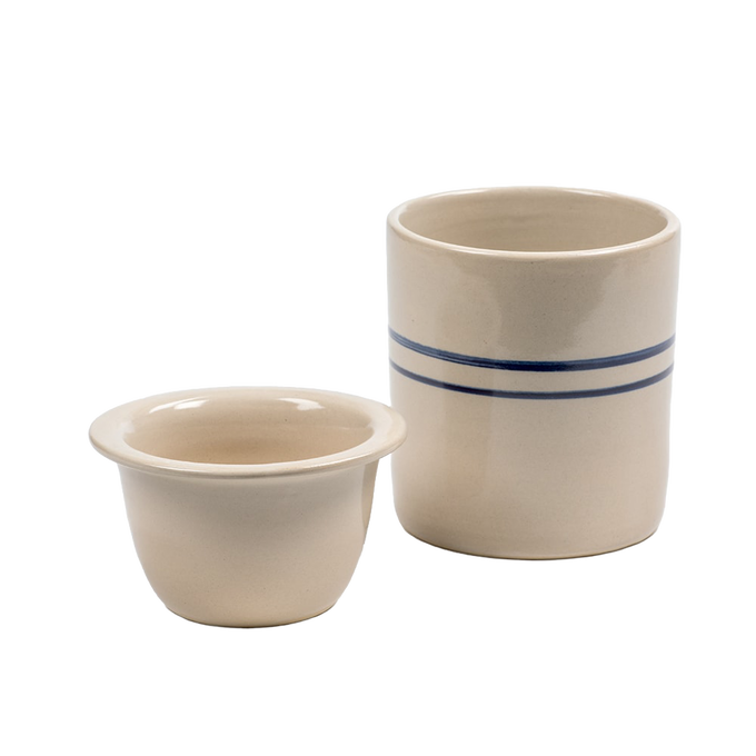 Handcrafted stoneware cooling dish with a timeless double blue stripe design, made in USA, ideal for keeping dips cold in kitchen, home decor, and serving collections.