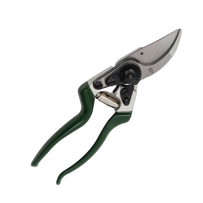 Heavy-duty left-handed bypass pruners with razor-sharp notched blade and ergonomic green handles, crafted for precision pruning in Farm, Garden & Tool, Garden Accessories, and Lawncare collections.