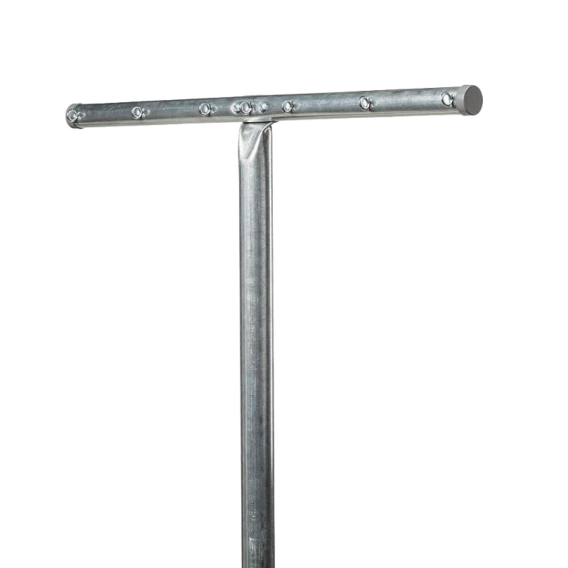 Galvanized steel outdoor T-post clothes dryer with crossbar featuring evenly spaced holes for hanging clotheslines, designed for durable laundry drying in Home & Decor and Laundry Supplies collections.