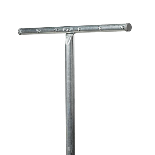 Galvanized steel outdoor T-post clothes dryer with crossbar featuring evenly spaced holes for hanging clotheslines, designed for durable laundry drying in Home & Decor and Laundry Supplies collections.