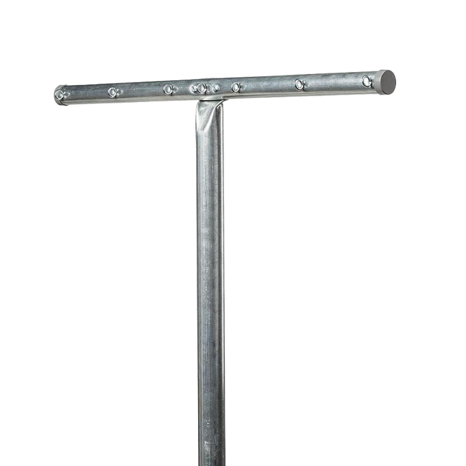 Galvanized steel outdoor T-post clothes dryer with crossbar featuring evenly spaced holes for hanging clotheslines, designed for durable laundry drying in Home & Decor and Laundry Supplies collections.