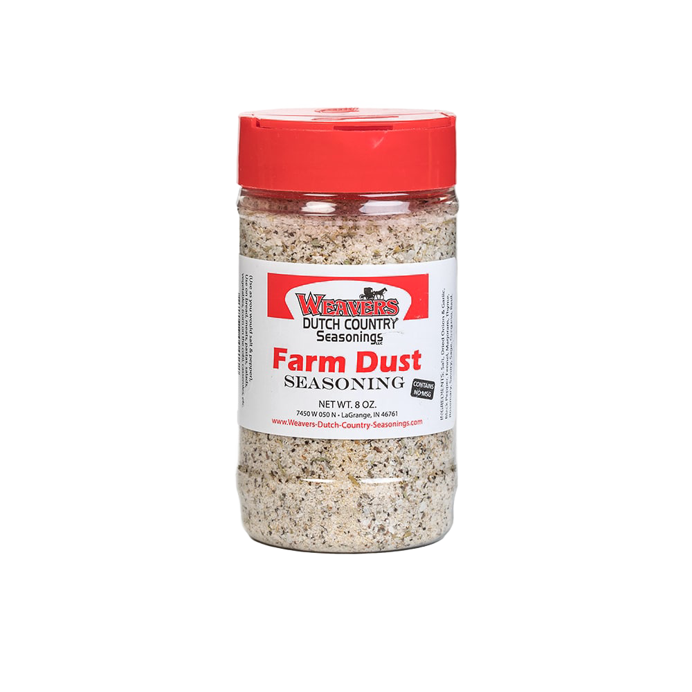 Clear plastic shaker bottle of Farm Dust seasoning with a red lid, handcrafted blend made in USA, perfect for Kitchen & Food, Pantry, and Best Sellers collections.