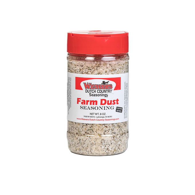 Clear plastic shaker bottle of Farm Dust seasoning with a red lid, handcrafted blend made in USA, perfect for Kitchen & Food, Pantry, and Best Sellers collections.