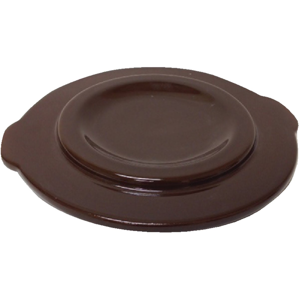 Handcrafted dark brown stoneware cover with side handles and raised center, made in USA, designed for kitchen food preservation, fermenting, and pickling collections.