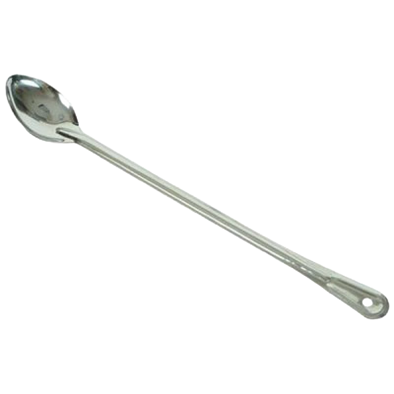 Extra long stainless steel spoon with polished finish and hole for hanging, designed for deep stirring and serving in Kitchen & Food, Specialty Equipment, and Best Sellers collections.