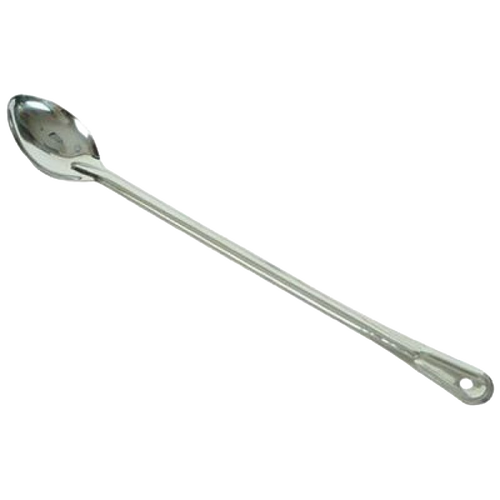 Extra long stainless steel spoon with polished finish and hole for hanging, designed for deep stirring and serving in Kitchen & Food, Specialty Equipment, and Best Sellers collections.