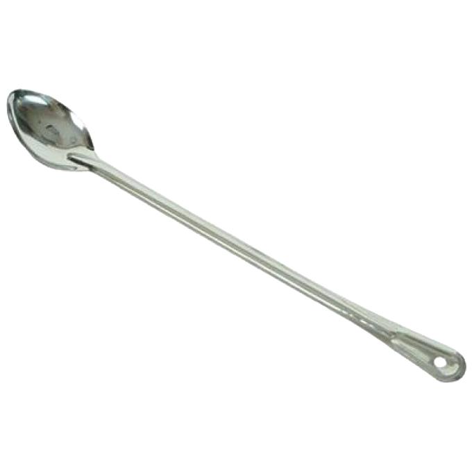 Extra long stainless steel spoon with polished finish and hole for hanging, designed for deep stirring and serving in Kitchen & Food, Specialty Equipment, and Best Sellers collections.
