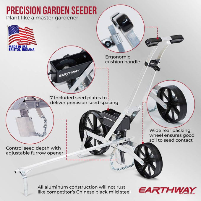Handcrafted US-made versatile garden seeder with ergonomic cushion handle, adjustable seed depth control, wide rear packing wheel, and seven precision seed plates, featured in Farm, Garden & Tool, Seeds and Planting, USA Made, Best Sellers, and Promo Eligible collections.
