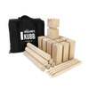 Handcrafted wooden Kubb yard game set featuring a king block, rectangular kubbs, six throwing dowels, corner stakes, and a black canvas carrying bag, ideal for lawn games and outdoor fun.