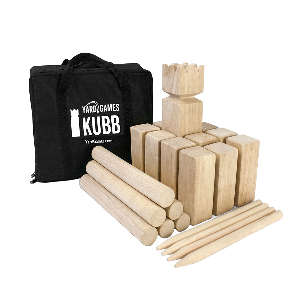 Handcrafted wooden Kubb yard game set featuring a king block, rectangular kubbs, six throwing dowels, corner stakes, and a black canvas carrying bag, ideal for lawn games and outdoor fun.