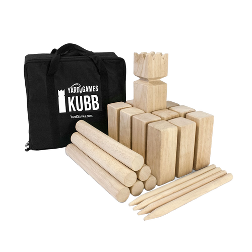 Handcrafted wooden Kubb yard game set featuring a king block, rectangular kubbs, six throwing dowels, corner stakes, and a black canvas carrying bag, ideal for lawn games and outdoor fun.