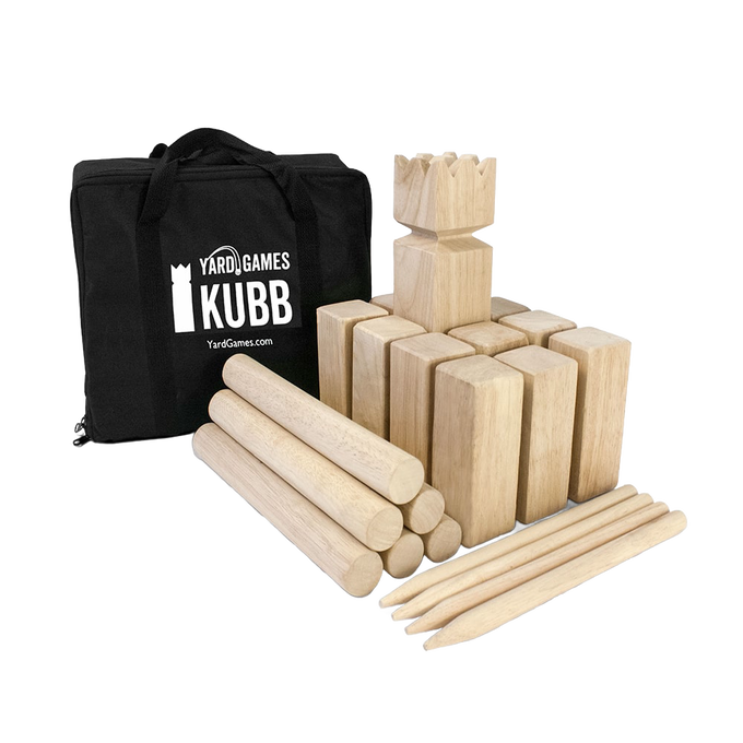 Handcrafted wooden Kubb yard game set featuring a king block, rectangular kubbs, six throwing dowels, corner stakes, and a black canvas carrying bag, ideal for lawn games and outdoor fun.
