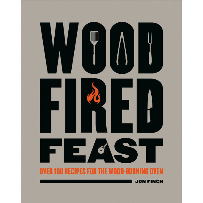 Bold graphic cover of Wood-Fired Feast Cookbook featuring custom kitchen tool icons and flame symbol, perfect for cookbooks, best sellers, and promo eligible collections.