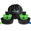 Two green and black plastic bucket targets with ball holders and matching balls, shown with a black carrying bag, perfect for lawn games and family fun collections.