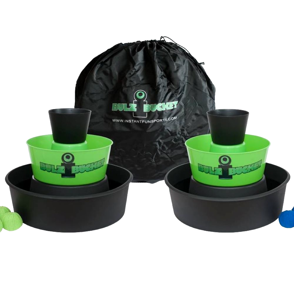 Two green and black plastic bucket targets with ball holders and matching balls, shown with a black carrying bag, perfect for lawn games and family fun collections.
