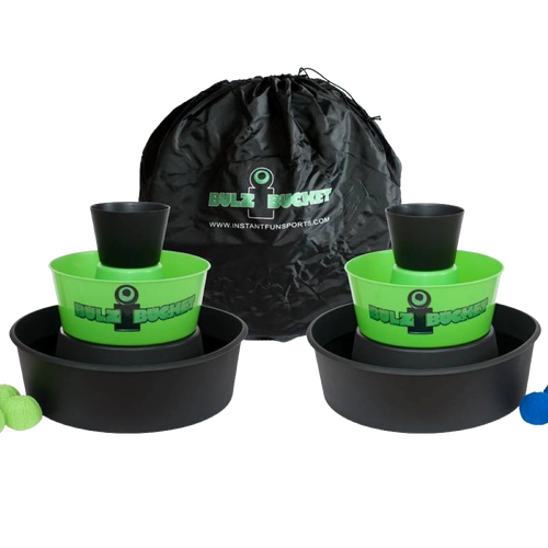 Two green and black plastic bucket targets with ball holders and matching balls, shown with a black carrying bag, perfect for lawn games and family fun collections.