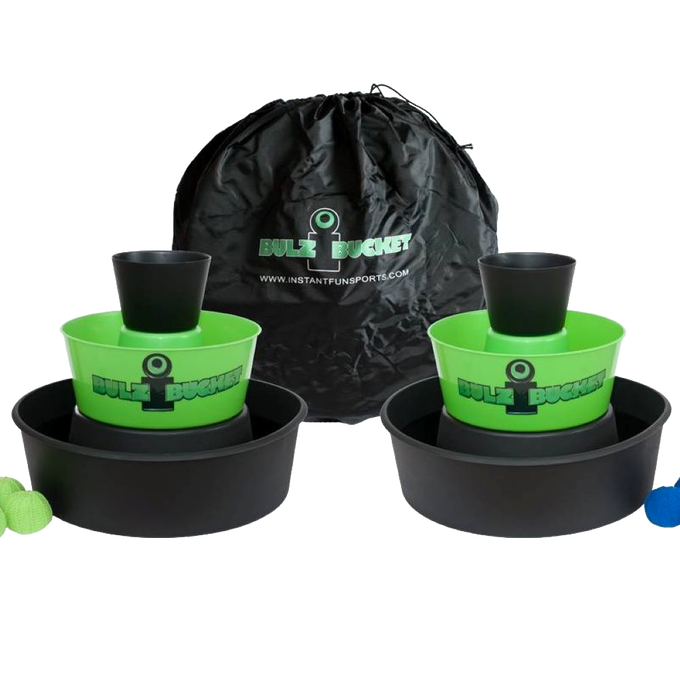 Two green and black plastic bucket targets with ball holders and matching balls, shown with a black carrying bag, perfect for lawn games and family fun collections.