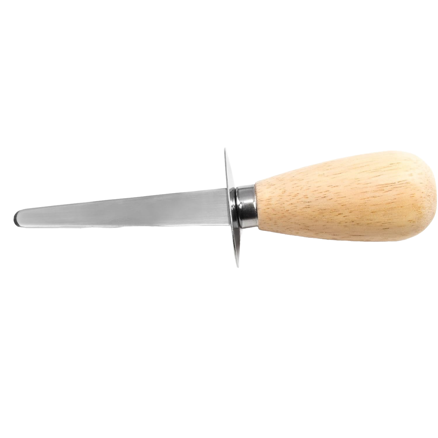 Oyster knife with stainless steel short blade, easy-to-grip natural wooden handle, and protective metal guard, featured in Kitchen & Food and Kitchen Gadgets collections.
