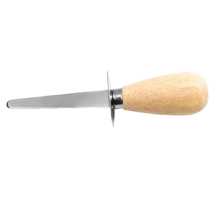 Oyster knife with stainless steel short blade, easy-to-grip natural wooden handle, and protective metal guard, featured in Kitchen & Food and Kitchen Gadgets collections.