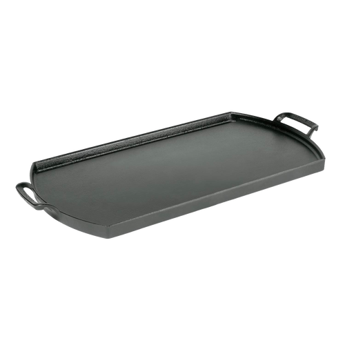 Lightweight cast iron double burner griddle with integrated handles and a triple-seasoned nonstick surface, handcrafted in the USA for Kitchen & Food, Cookware, and Cast Iron collections.