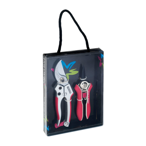 Gift set featuring pink bypass pruner and matching mini snips in a clear box with handle, ideal for Farm, Garden & Tool and Garden Accessories collections.